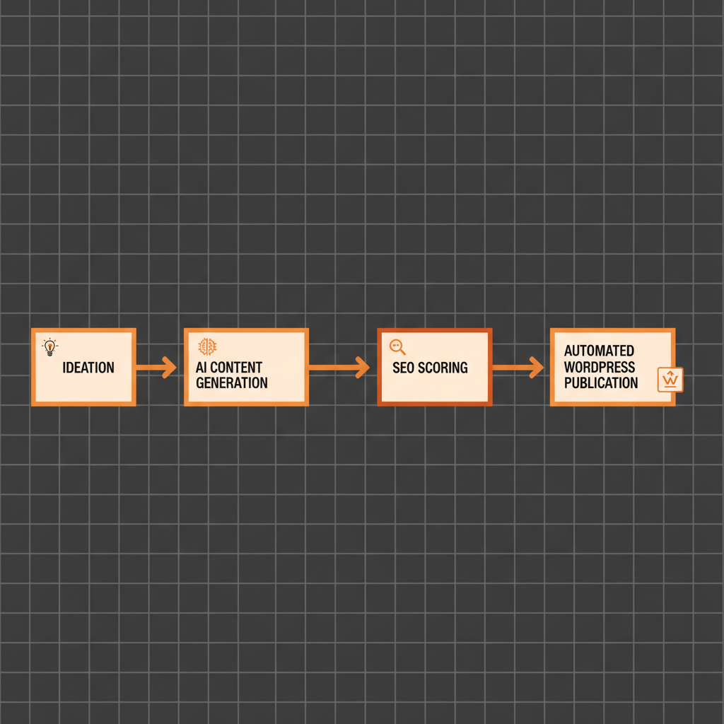 Flowchart showing the automated content production lifecycle from ideation to publication.