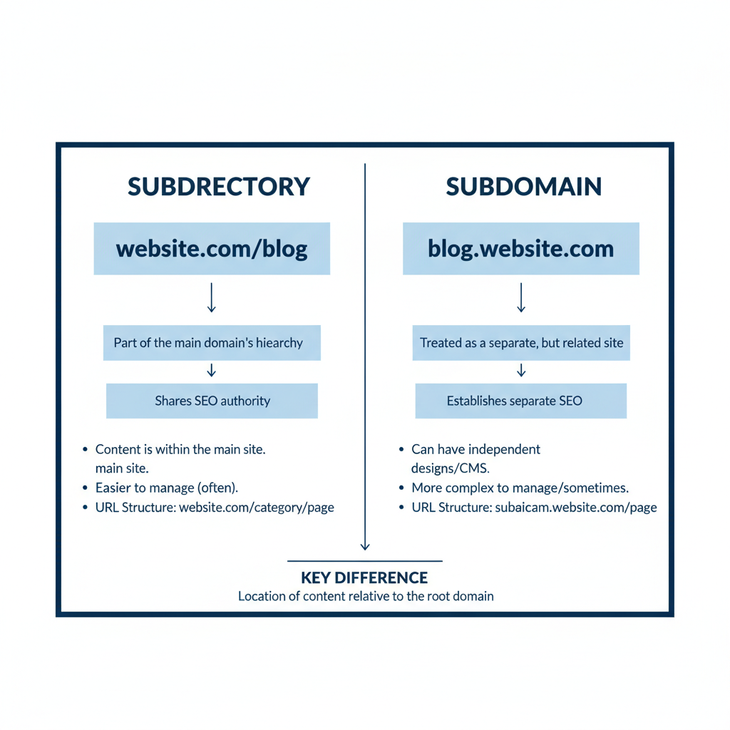 Diagram comparing subdirectory and subdomain structures for a business blog.