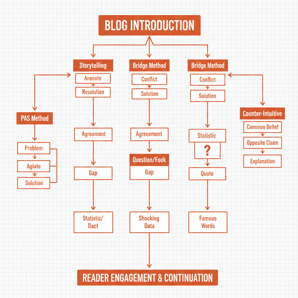 Infographic showing 7 blog introduction formulas in a technical grid style.
