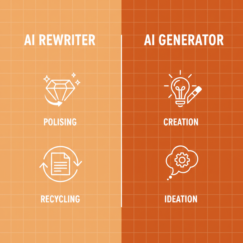 Infographic comparing the core functions of AI rewriters and AI generators.