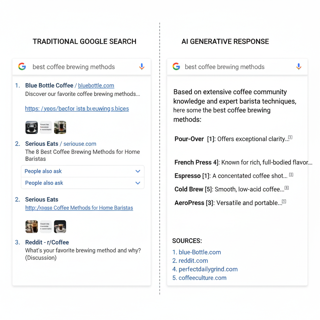 Comparison of traditional SERPs and modern Generative Engine Optimization results.