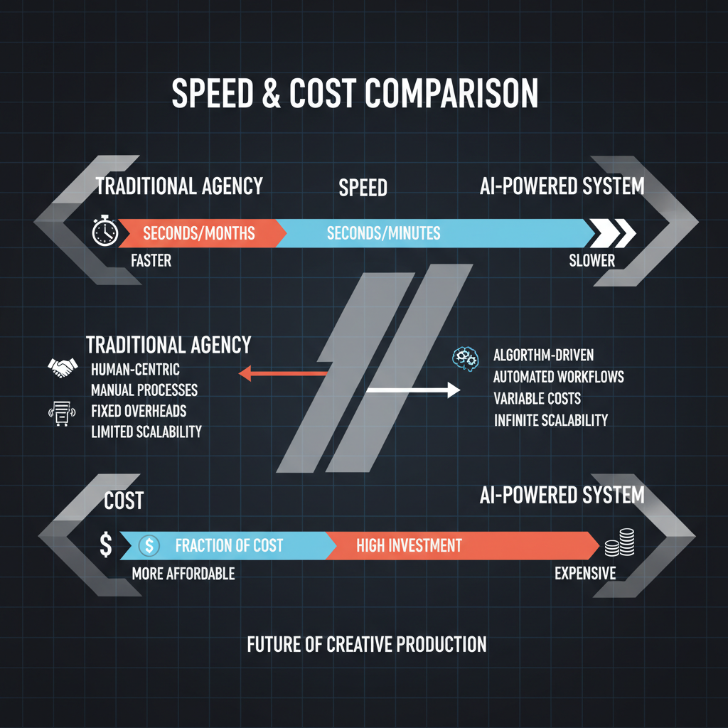 Infographic comparing traditional agency costs and limitations versus AI efficiency.