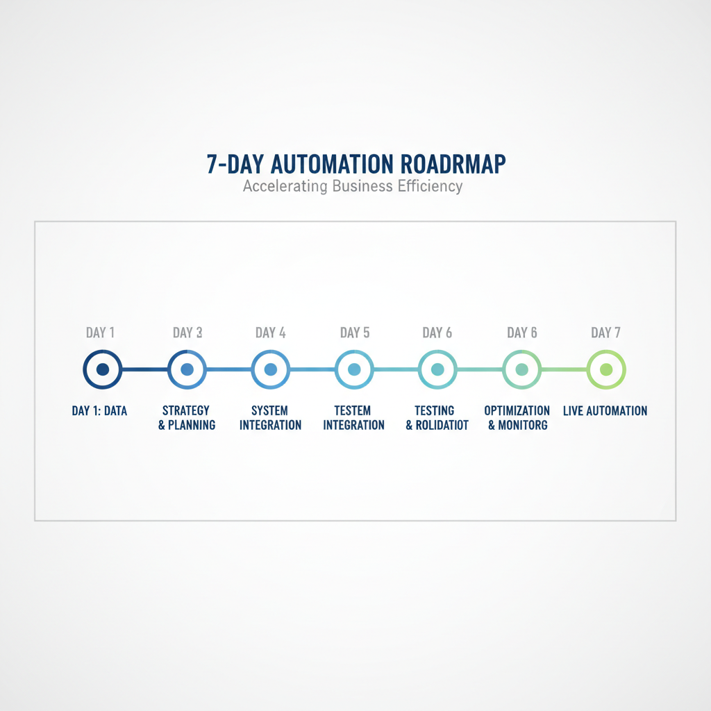 A clean, minimalist calendar or timeline graphic showing a 7-day progression from 'Data Audit' to 'Live Automation'.