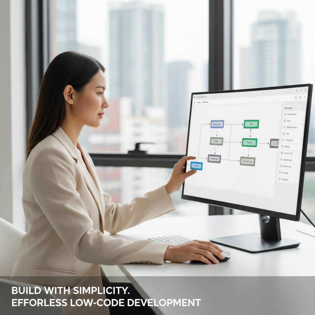 A professional in a minimalist office setting using a low-code interface to drag and drop logic blocks, representing the simplicity of building scoring models.