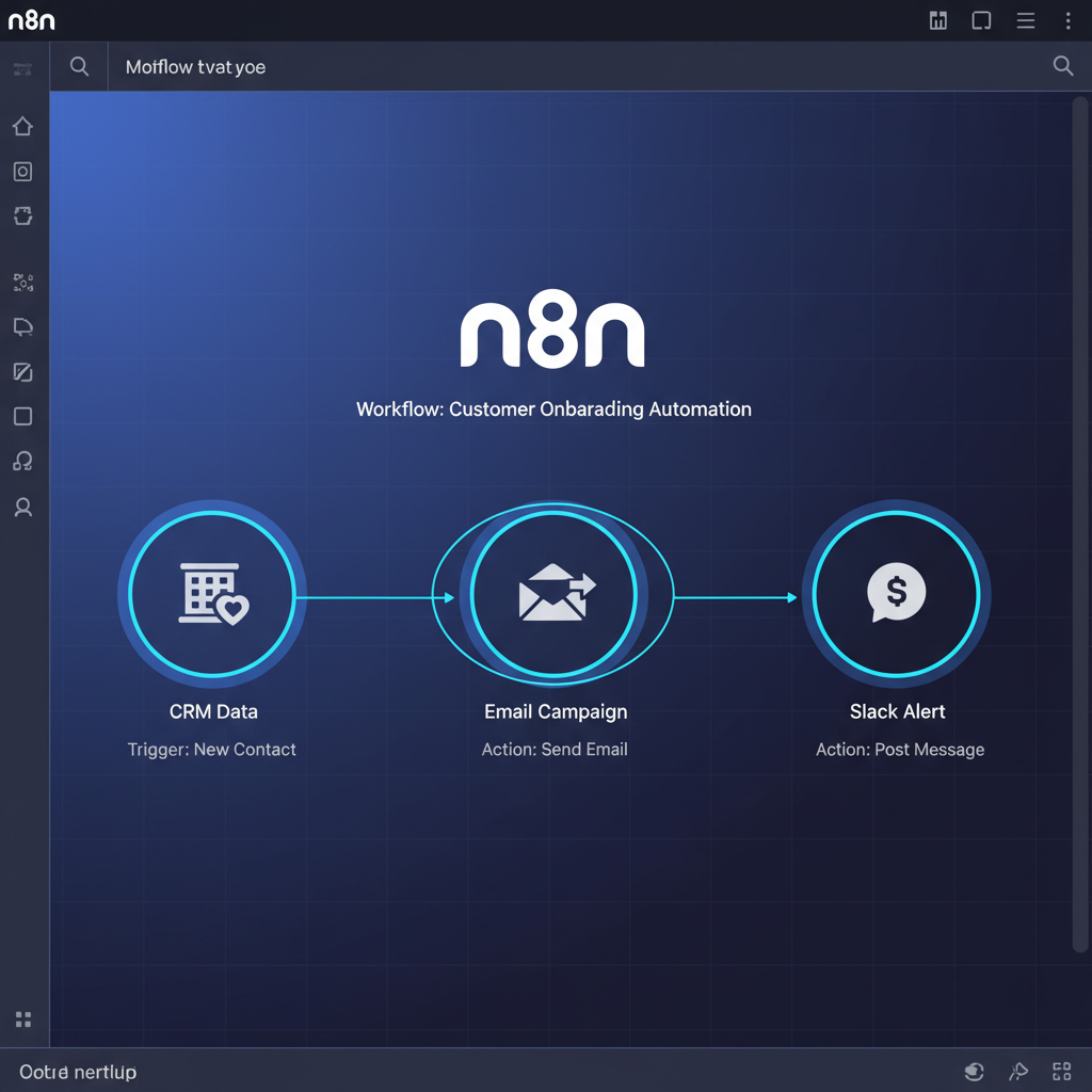 A visual representation of the n8n workflow interface, showing nodes connecting a CRM, an email marketing tool, and a Slack notification icon.