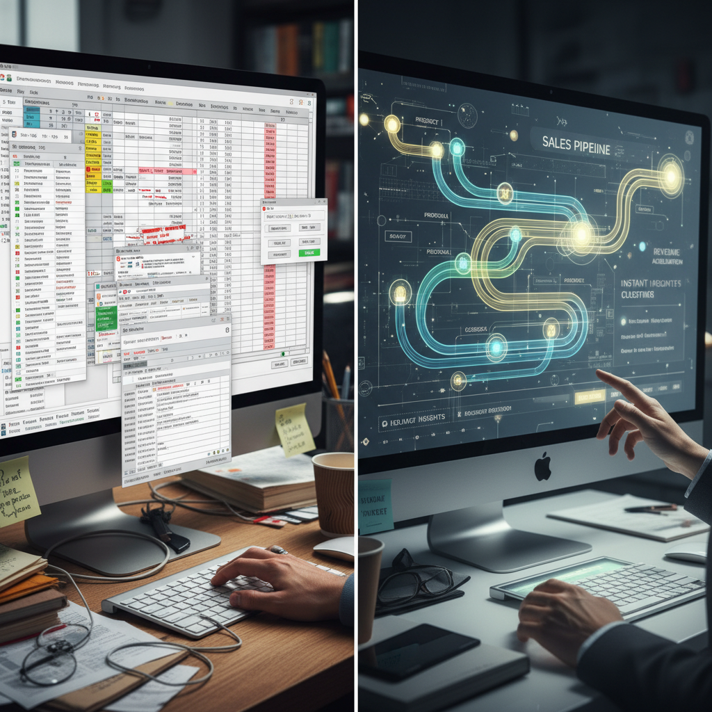 A conceptual image showing a split screen: one side a cluttered, chaotic spreadsheet and the other a streamlined, glowing digital pipeline.