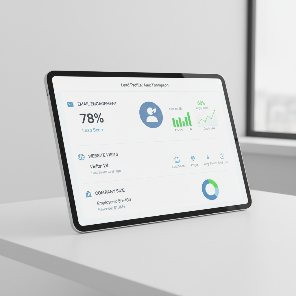 A close-up of a high-resolution tablet screen displaying a lead profile with icons for email engagement, website visits, and company size metrics.