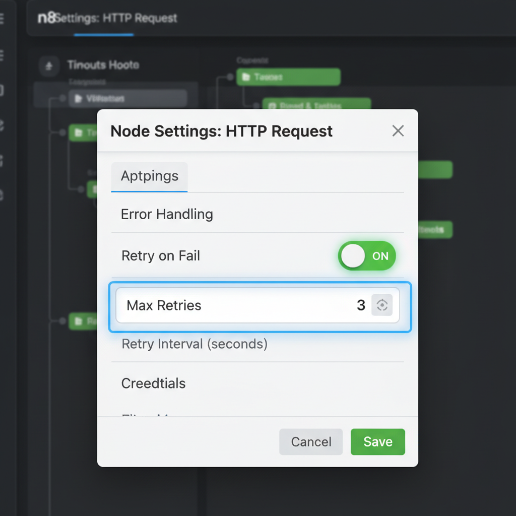A close-up screenshot of the n8n node settings panel focusing on the 'Retry on Fail' toggle and 'Max Retries' input field.