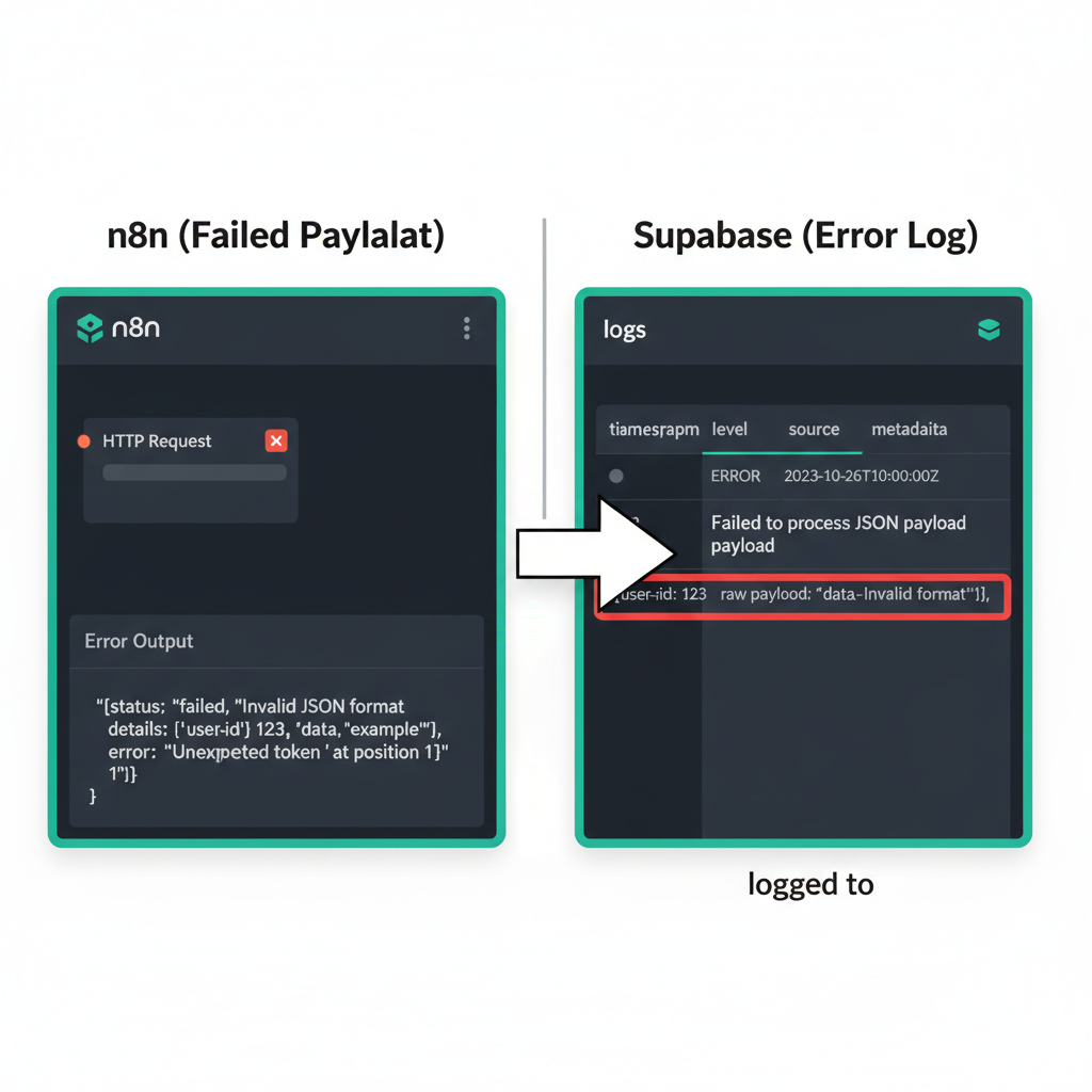 A split-screen view showing a failed JSON payload in n8n on one side and its corresponding log entry in a Supabase table on the other.
