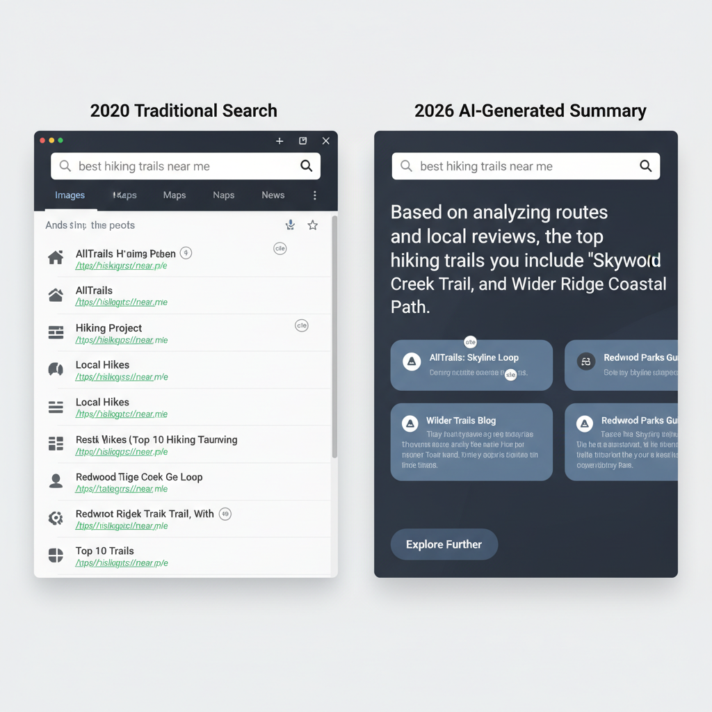 A side-by-side comparison visualization: one side showing a traditional 2020-era list of blue links, the other showing a sophisticated 2026 AI-generated summary with cited source cards.