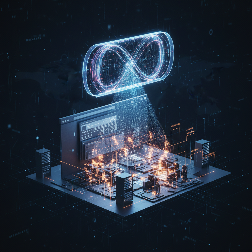 A conceptual 3D render of a website's architecture being scanned by a digital 'lens' representing an LLM crawler, highlighting structured data paths in a glowing amber color.